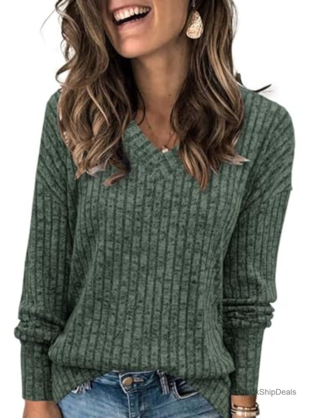 Womens V Neck Long Sleeve Tunic Top Loose Fit Drop Shoulder Casual Fall Shirt